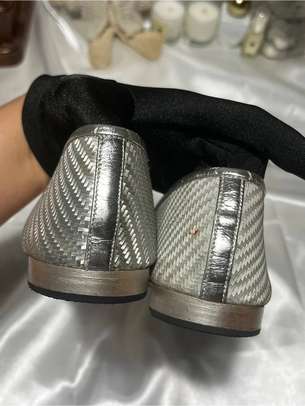 CHANEL Silver and Black Quilted Cap-Toe Ballet Flats